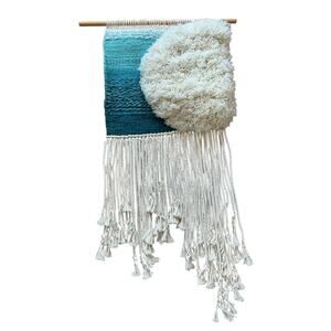 Handmade Woven Macrame Wall Hanging Blue Tassels Boho Coastal BeachyHippie Retro